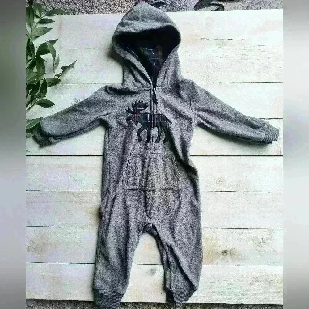Carters 1PC Moose Animal Hooded Boys Fleece Jumpsuit Romper Coveralls Gray 18M